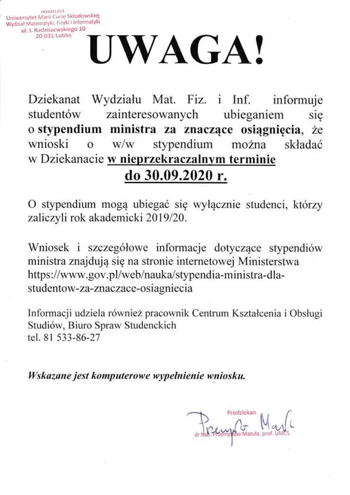 Dokumenty do wniosku o stypendium